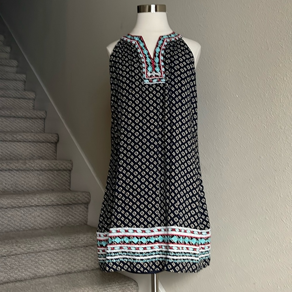 THML Sz L Navy Halter Dress with Embroidery on the Neck and Hem